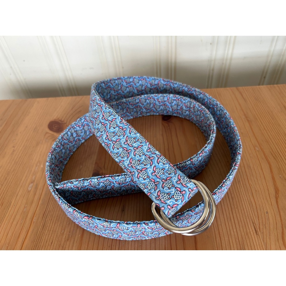 Vineyard Vines Blue Sea Turtle Print D-Ring Canvas Belt XL Women Preppy Coastal